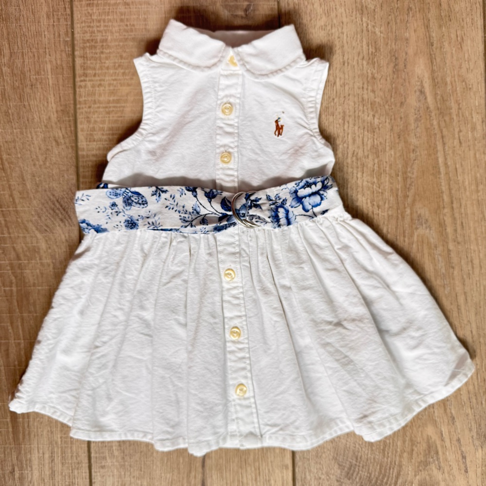 Ralph Lauren Baby White Dress with Blue Floral Belt Button Down Size 3 Months